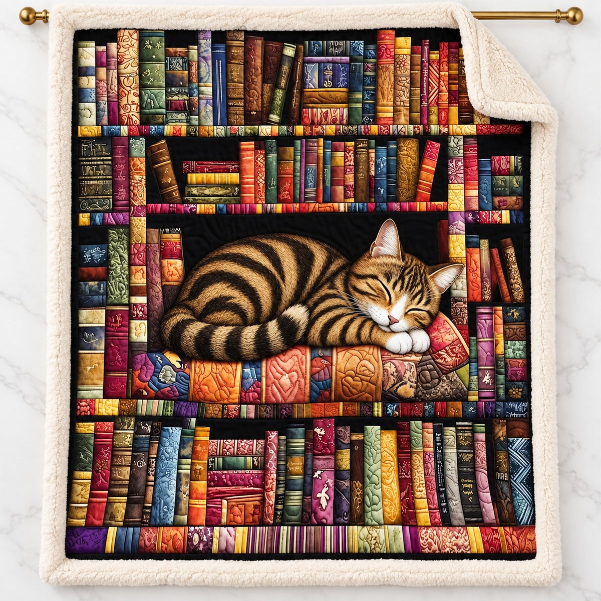 Library Nap Tabby Cat sherpa blanket – smooth printed flannel front with plush cream sherpa back, hanging on a gold rod