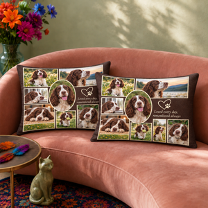 Loved Every Day pillowcase set — two printed pillowcases on a sofa. Nine photos of one dog, on a deep chocolate ground.