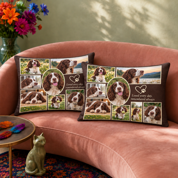 Loved Every Day pillowcase set — two printed pillowcases on a sofa. Nine photos of one dog, on a deep chocolate ground.