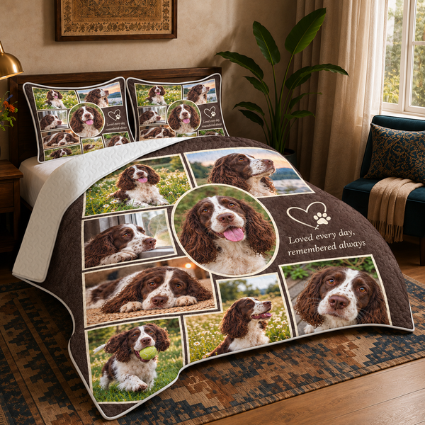 Loved Every Day quilt set on a made bed — quilt with two matching pillow shams. Nine photos of one dog, on a deep chocolate ground.