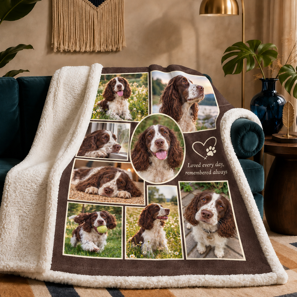 Loved Every Day sherpa blanket draped over a sofa, plush cream sherpa reverse showing. Nine photos of one dog, on a deep chocolate ground.