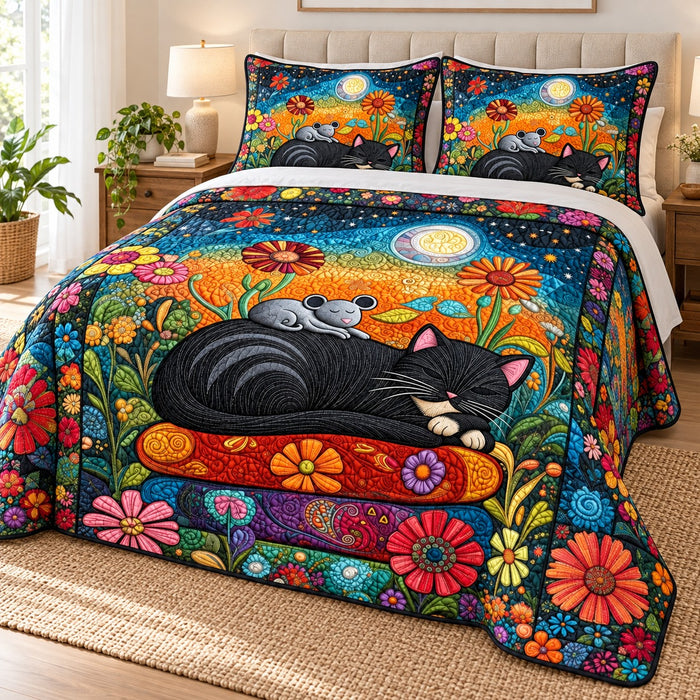 Moonlit Pillow Black Cat quilt set – quilt and two matching shams on a queen bed in a bright neutral bedroom