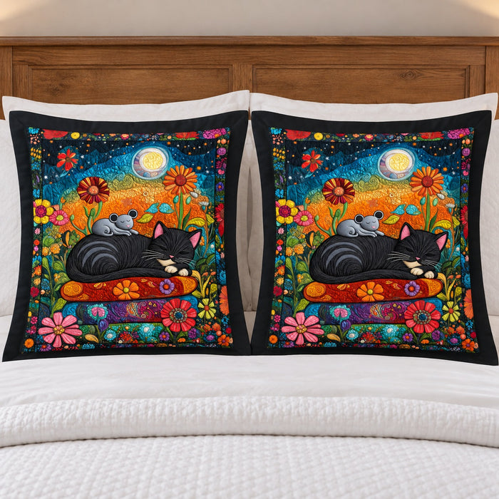 Moonlit Pillow Black Cat pillow shams – two flanged shams standing against a wooden headboard
