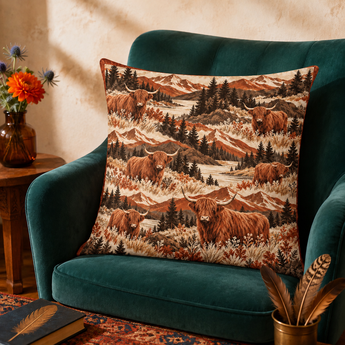 Mountain Boho Highland Cow Cushion Cover Set