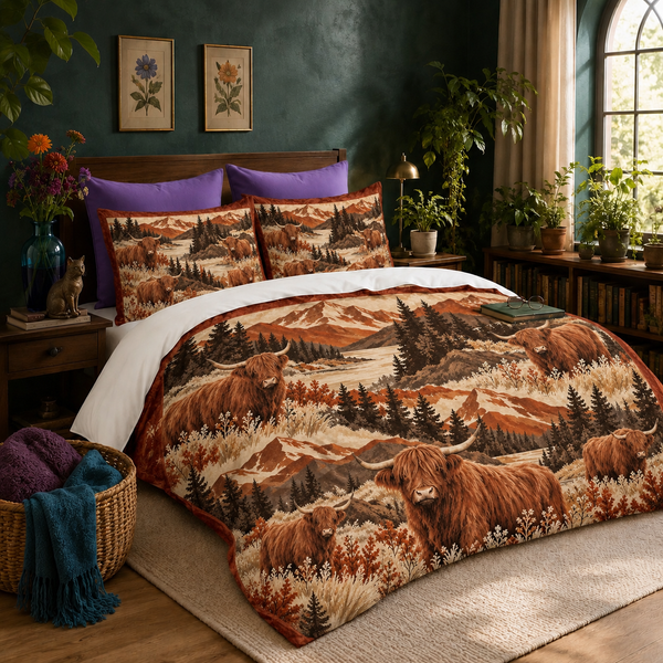 Mountain Boho Highland Cow Duvet Cover Set