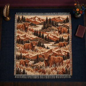 Mountain Boho Highland Cow Woven Throw Blanket