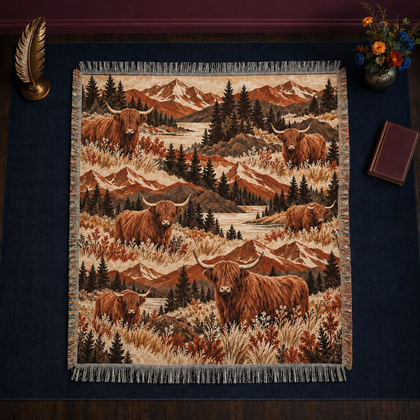Mountain Boho Highland Cow Woven Throw Blanket