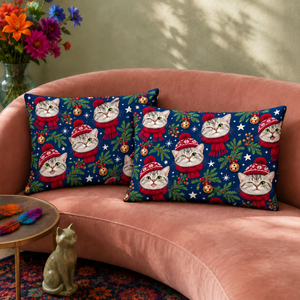 Navy Christmas Cat Faces pillowcase set — two printed pillowcases on a sofa. Cat faces in red bobble hats and scarves, scattered over navy.
