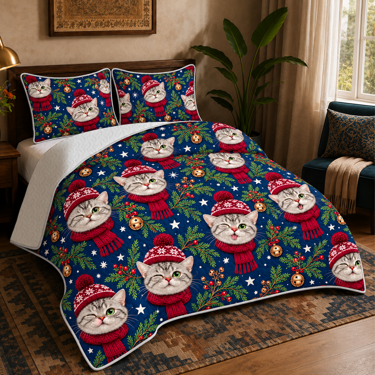 Navy Christmas Cat Faces quilt set on a made bed — quilt with two matching pillow shams. Cat faces in red bobble hats and scarves, scattered over navy.