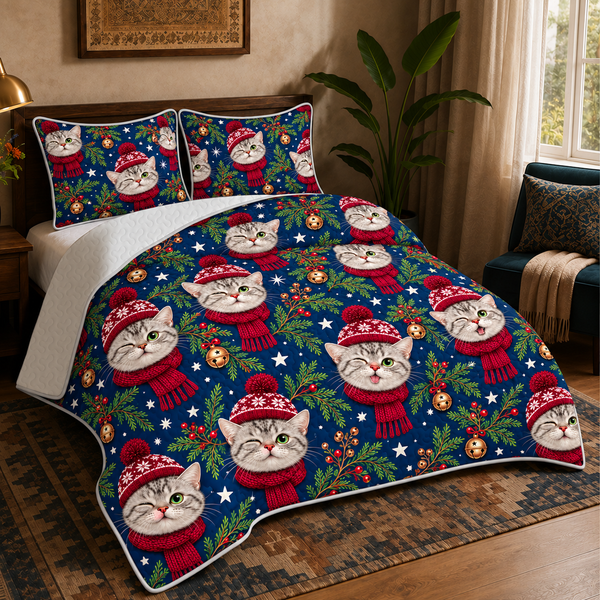 Navy Christmas Cat Faces quilt set on a made bed — quilt with two matching pillow shams. Cat faces in red bobble hats and scarves, scattered over navy.