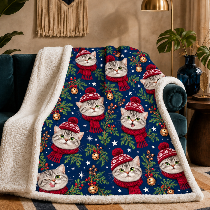 Navy Christmas Cat Faces sherpa blanket draped over a sofa, plush cream sherpa reverse showing. Cat faces in red bobble hats and scarves, scattered over navy.