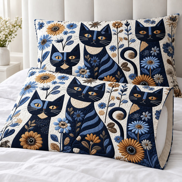 Navy Daisy Cats pillowcases – set of two printed pillowcases on a white bed