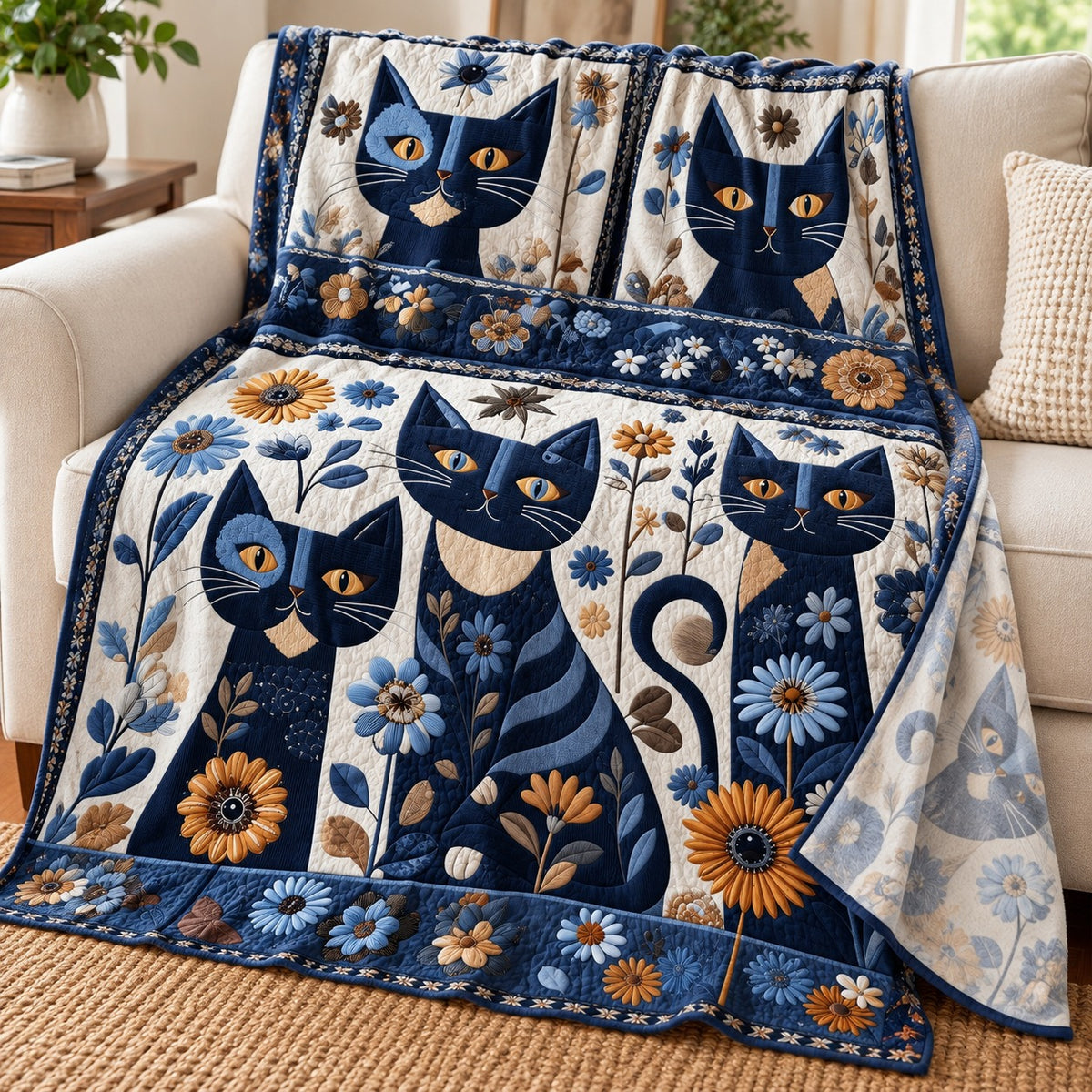 Navy Daisy Cats fleece throw blanket – lightweight printed fleece draped over a cream sofa