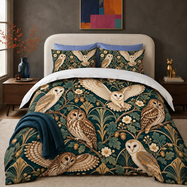 Art Deco Owl comforter set — barn and tawny owls with gold fan motifs, oak leaves and acorns on deep teal