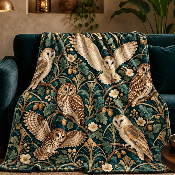 Art Deco Owl fleece throw blanket — barn and tawny owls with gold fan motifs, oak leaves and acorns on deep teal