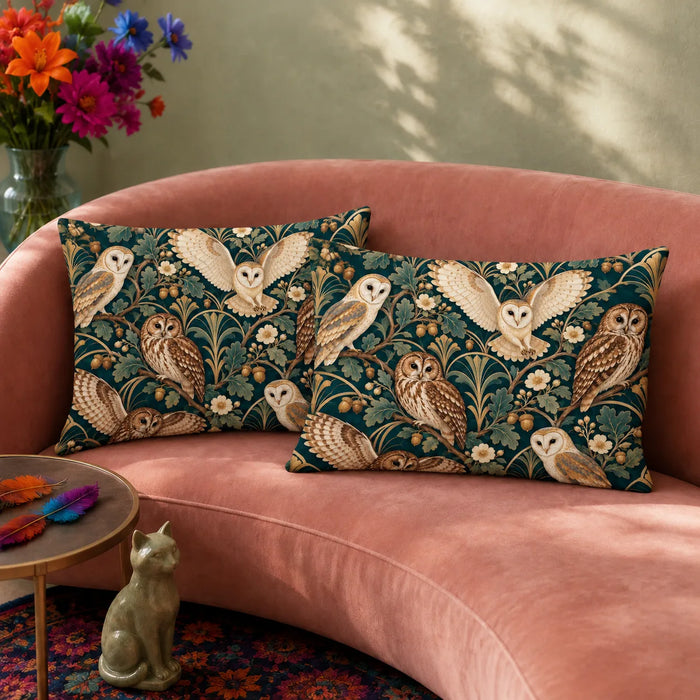 Art Deco Owl pillowcase set — barn and tawny owls with gold fan motifs, oak leaves and acorns on deep teal