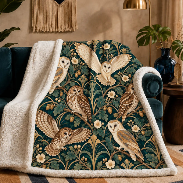 Art Deco Owl sherpa blanket — barn and tawny owls with gold fan motifs, oak leaves and acorns on deep teal