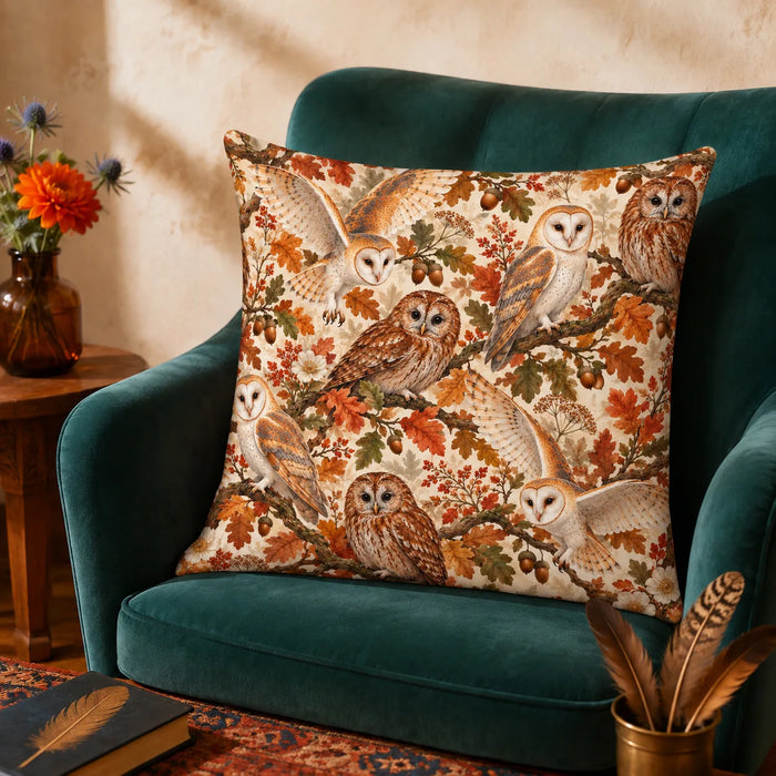 Autumn Copper Owl cushion cover set — barn and tawny owls among copper and green oak leaves and acorns on cream