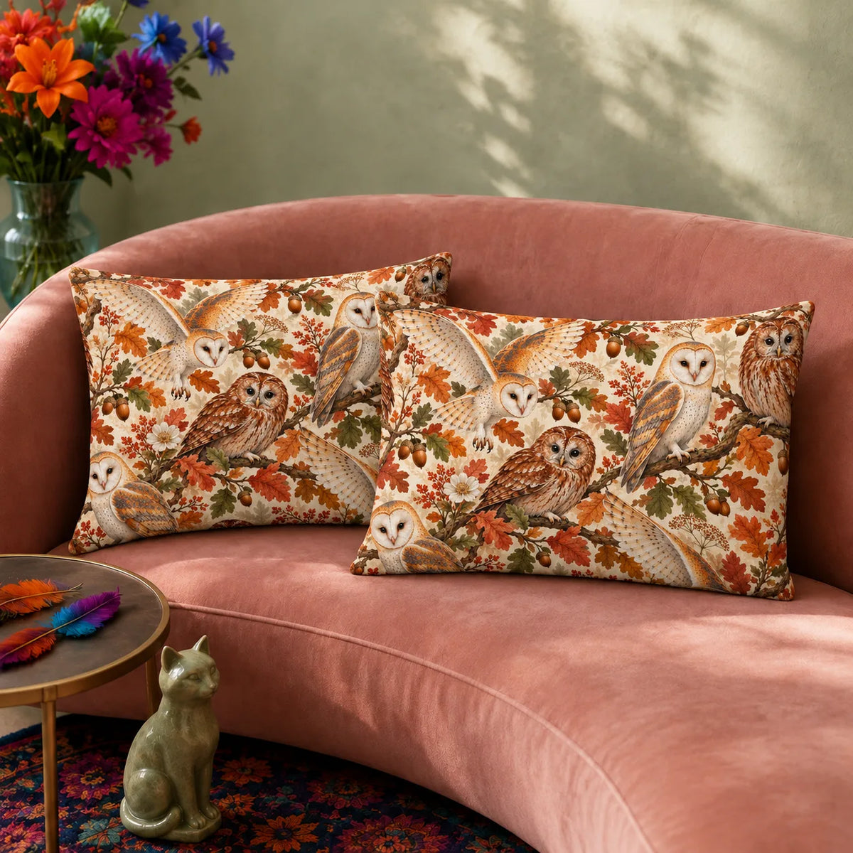 Autumn Copper Owl pillowcase set — barn and tawny owls among copper and green oak leaves and acorns on cream
