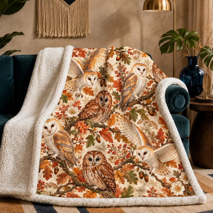 Autumn Copper Owl sherpa blanket — barn and tawny owls among copper and green oak leaves and acorns on cream
