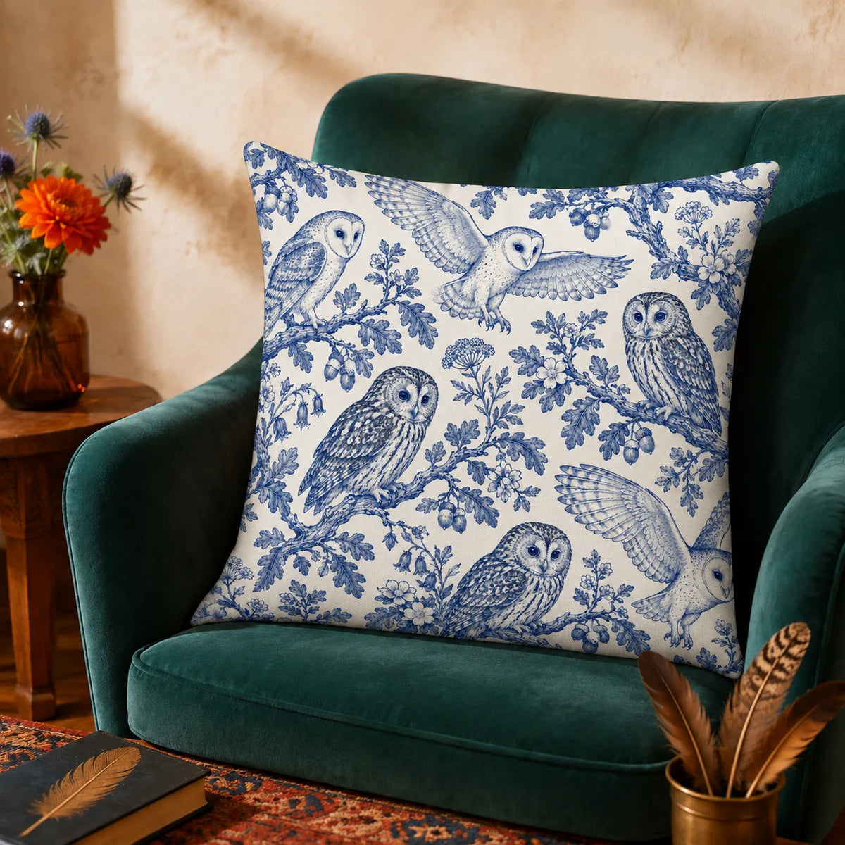 Blue Toile Owl cushion cover set — cobalt blue barn owls and tawny owls on oak branches with acorns and bluebells on cream