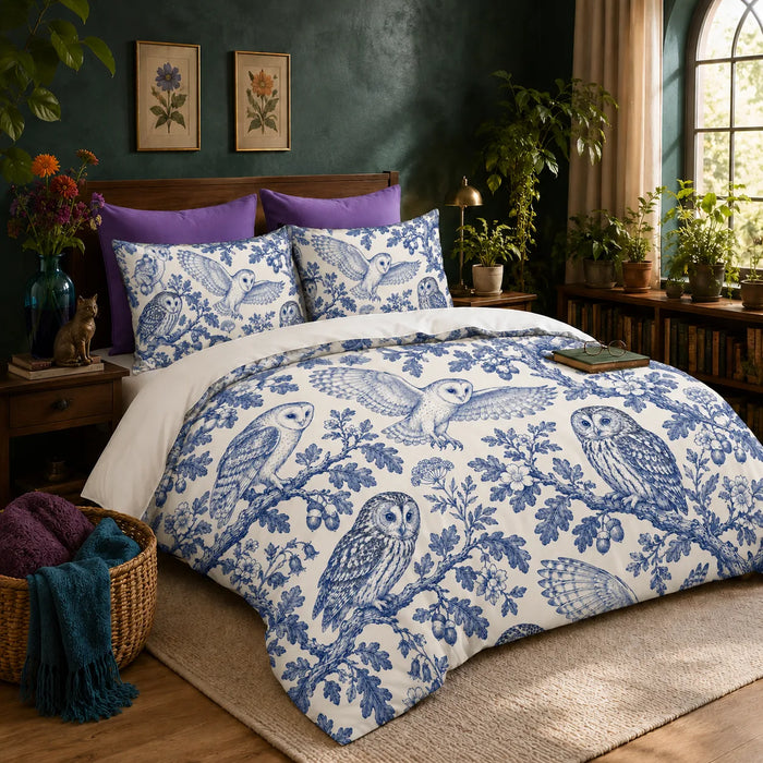 Blue Toile Owl duvet cover set — cobalt blue barn owls and tawny owls on oak branches with acorns and bluebells on cream