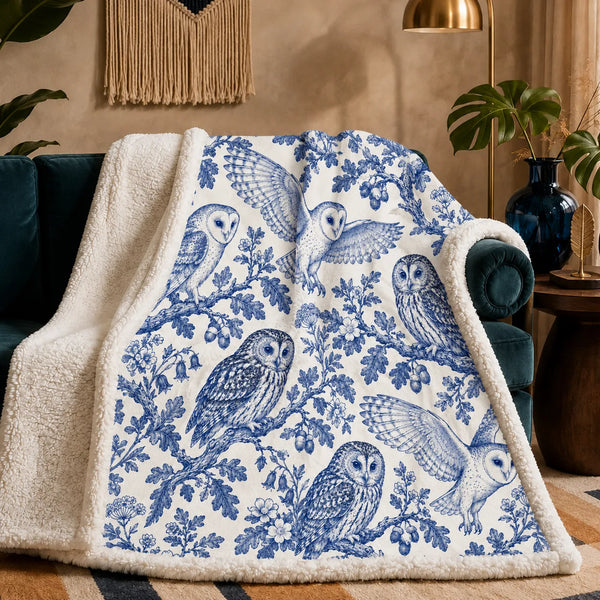 Blue Toile Owl sherpa blanket — cobalt blue barn owls and tawny owls on oak branches with acorns and bluebells on cream