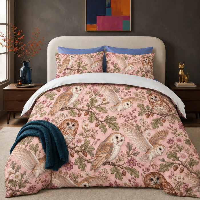 Blush Meadow Owl comforter set — barn and tawny owls among sage oak leaves, acorns and pink blossoms on blush pink