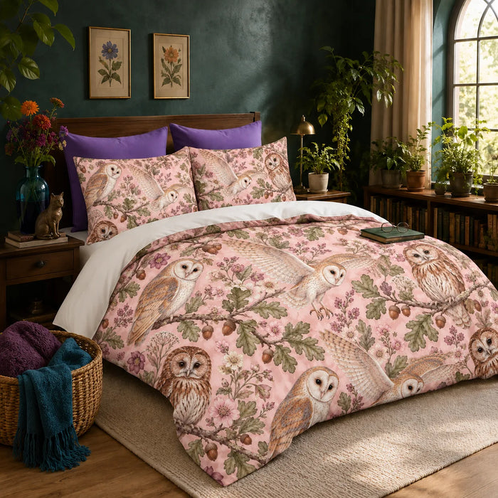 Blush Meadow Owl duvet cover set — barn and tawny owls among sage oak leaves, acorns and pink blossoms on blush pink