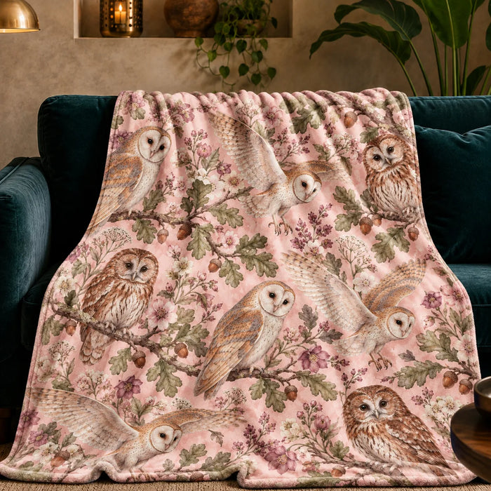 Blush Meadow Owl fleece throw blanket — barn and tawny owls among sage oak leaves, acorns and pink blossoms on blush pink