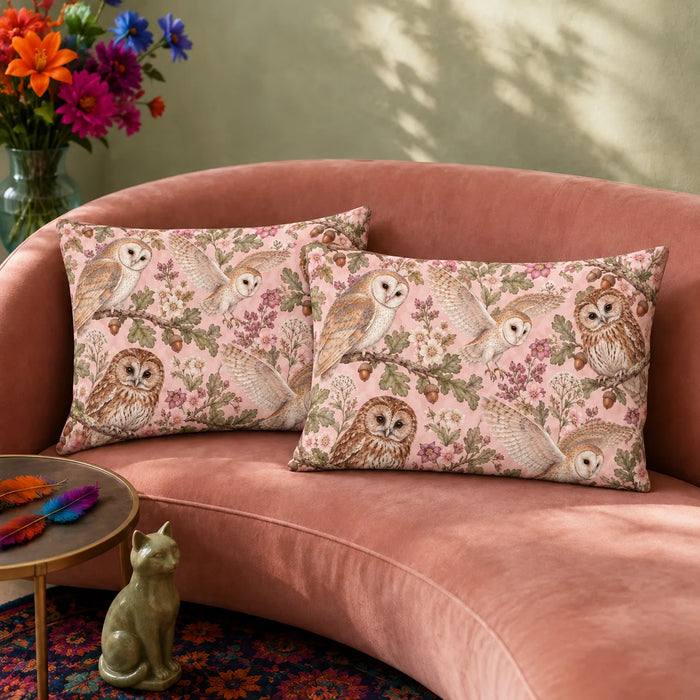 Blush Meadow Owl pillowcase set — barn and tawny owls among sage oak leaves, acorns and pink blossoms on blush pink