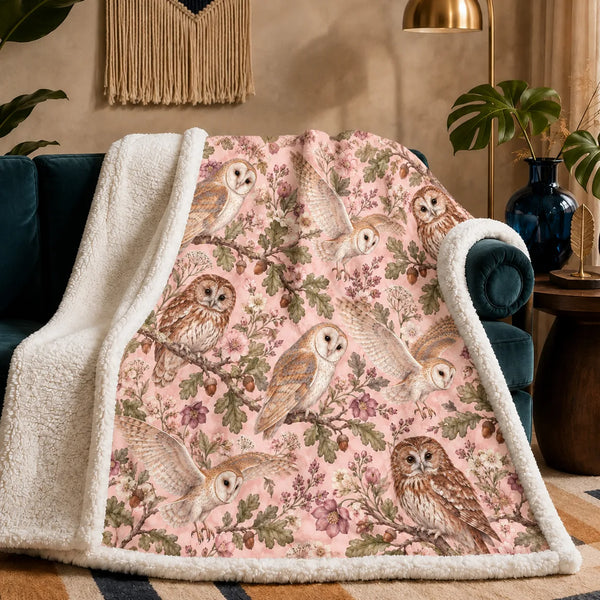 Blush Meadow Owl sherpa blanket — barn and tawny owls among sage oak leaves, acorns and pink blossoms on blush pink