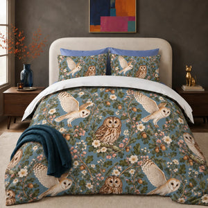 Botanical Medallions Owl comforter set — tawny owls in oak and pink blossom wreaths with flying barn owls on dusty blue