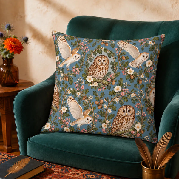 Botanical Medallions Owl cushion cover set — tawny owls in oak and pink blossom wreaths with flying barn owls on dusty blue