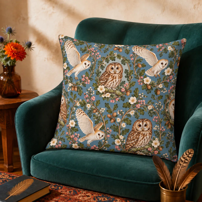 Botanical Medallions Owl cushion cover set — tawny owls in oak and pink blossom wreaths with flying barn owls on dusty blue