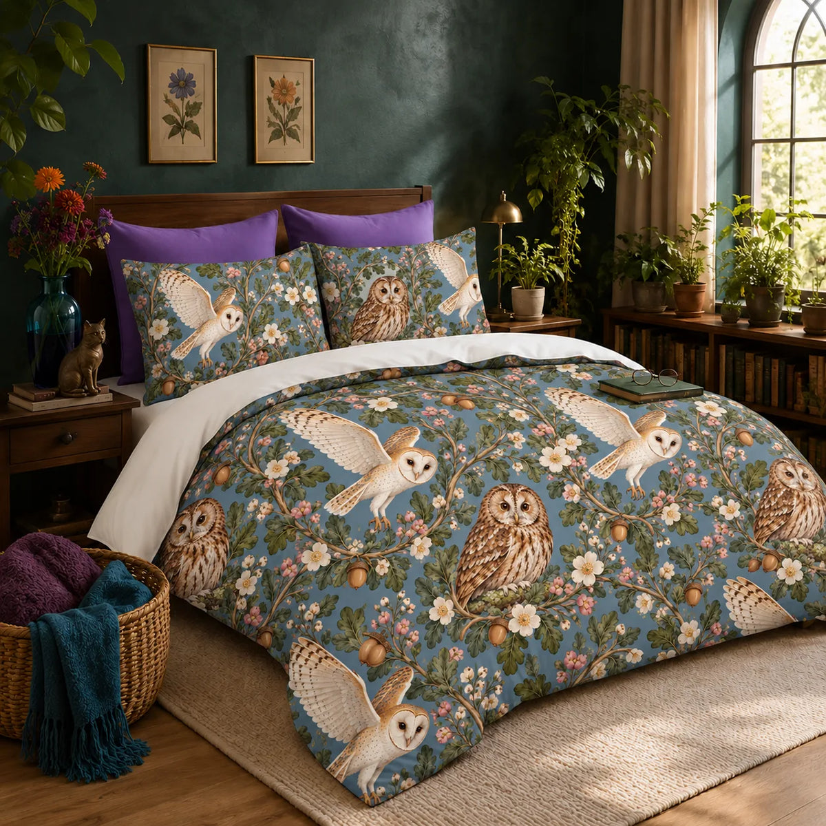 Botanical Medallions Owl duvet cover set — tawny owls in oak and pink blossom wreaths with flying barn owls on dusty blue