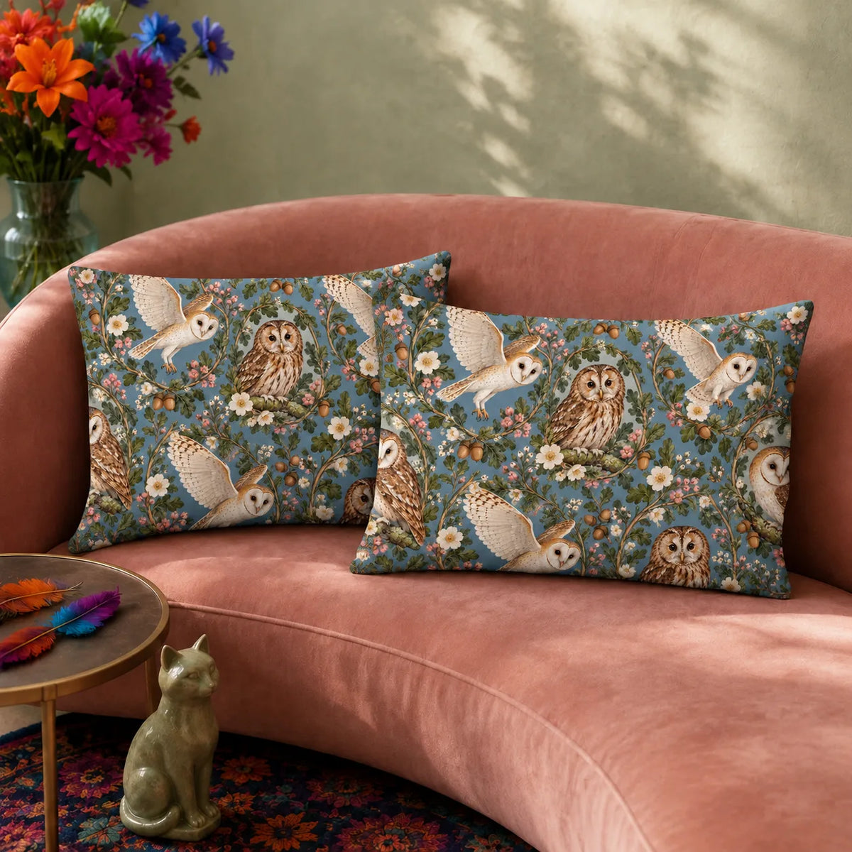 Botanical Medallions Owl pillowcase set — tawny owls in oak and pink blossom wreaths with flying barn owls on dusty blue