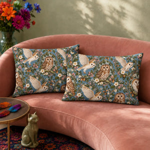 Botanical Medallions Owl pillowcase set — tawny owls in oak and pink blossom wreaths with flying barn owls on dusty blue
