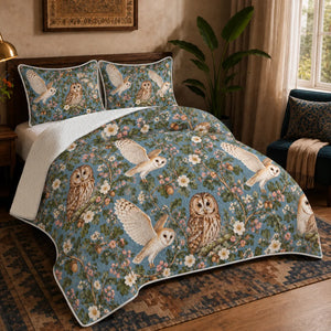 Botanical Medallions Owl quilt set — tawny owls in oak and pink blossom wreaths with flying barn owls on dusty blue