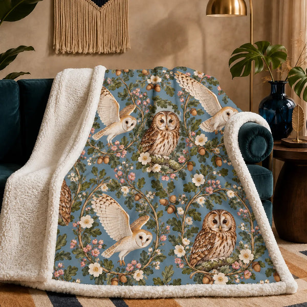 Botanical Medallions Owl sherpa blanket — tawny owls in oak and pink blossom wreaths with flying barn owls on dusty blue
