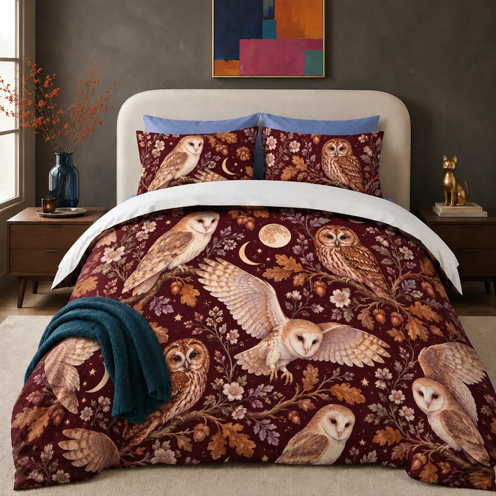Burgundy Night Owl comforter set — barn and tawny owls with copper oak leaves, moons and gold stars on deep burgundy