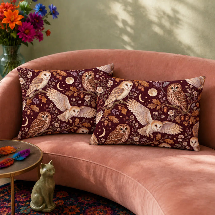 Burgundy Night Owl pillowcase set — barn and tawny owls with copper oak leaves, moons and gold stars on deep burgundy