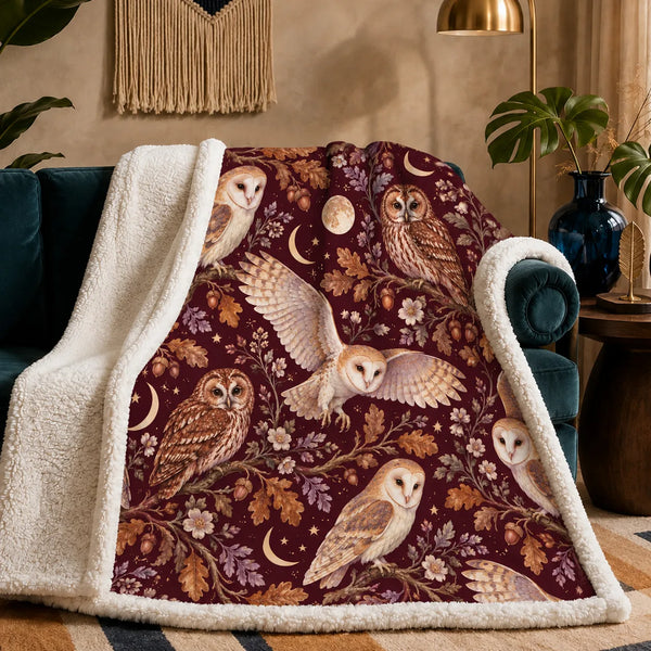 Burgundy Night Owl sherpa blanket — barn and tawny owls with copper oak leaves, moons and gold stars on deep burgundy