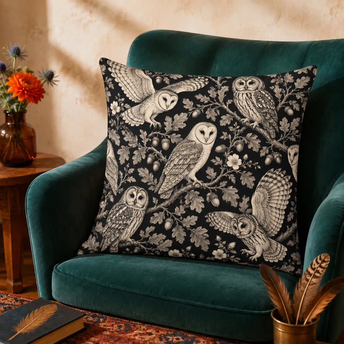 Charcoal Engraving Owl cushion cover set — cream engraved barn and tawny owls with oak leaves, acorns and wild roses on black