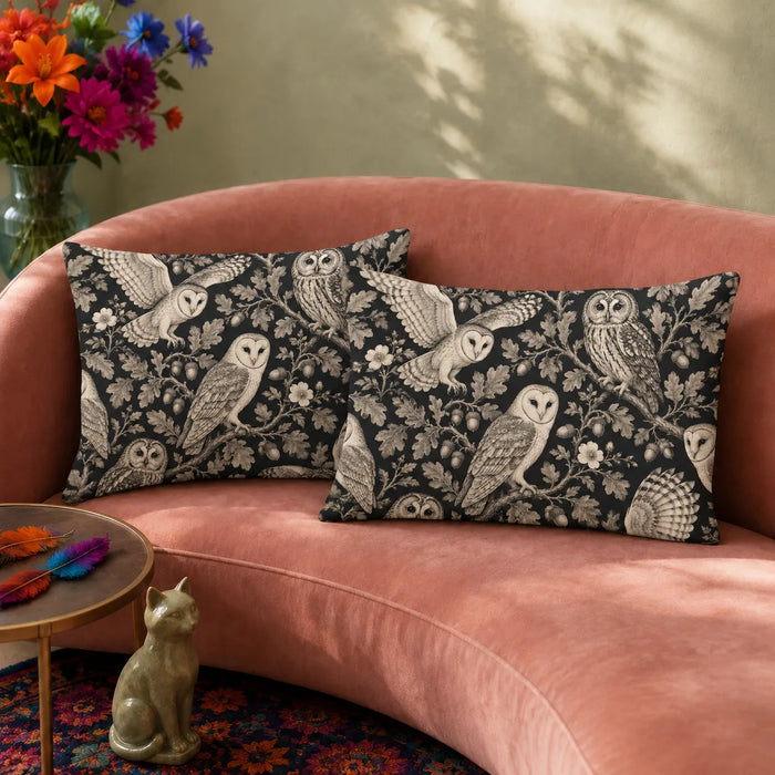 Charcoal Engraving Owl pillowcase set — cream engraved barn and tawny owls with oak leaves, acorns and wild roses on black
