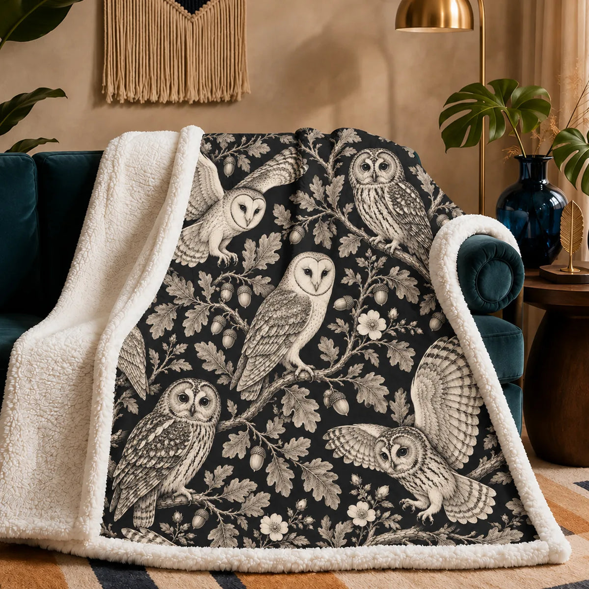 Charcoal Engraving Owl sherpa blanket — cream engraved barn and tawny owls with oak leaves, acorns and wild roses on black