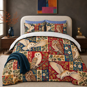 Heirloom Patchwork Owl comforter set — barn and tawny owls over patchwork blocks of red, navy, cream and mustard with oak leaves