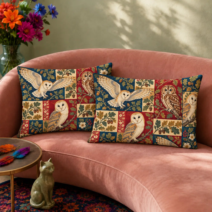 Heirloom Patchwork Owl pillowcase set — barn and tawny owls over patchwork blocks of red, navy, cream and mustard with oak leaves