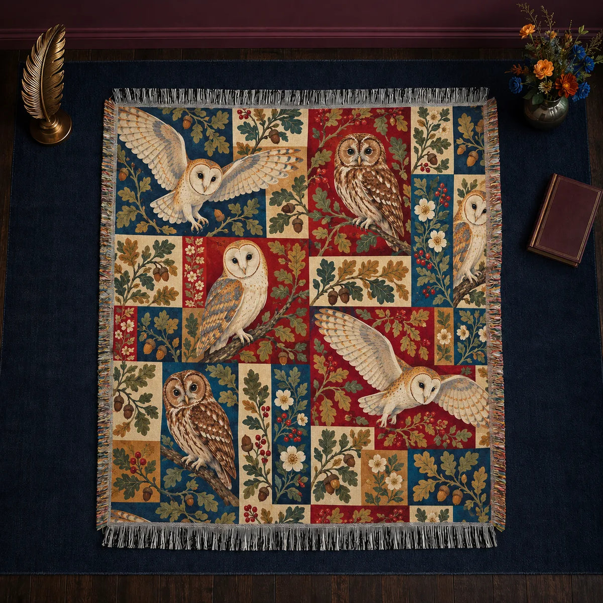 Heirloom Patchwork Owl woven throw blanket — barn and tawny owls over patchwork blocks of red, navy, cream and mustard with oak leaves