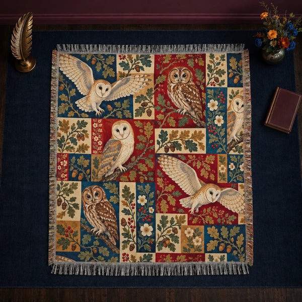 Heirloom Patchwork Owl woven throw blanket — barn and tawny owls over patchwork blocks of red, navy, cream and mustard with oak leaves